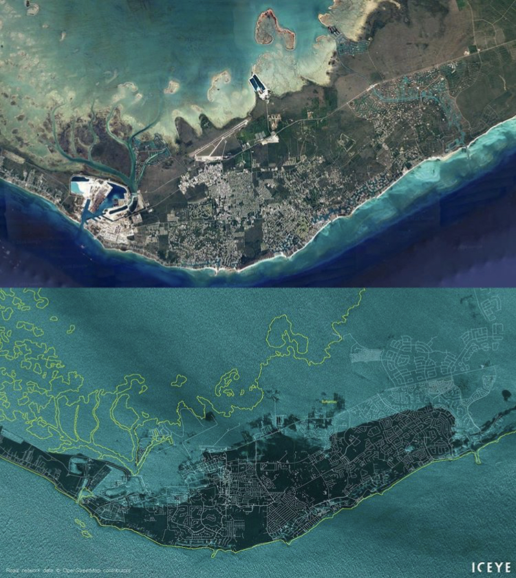 Le Bahamas dopo il passaggio dell'uragano Dorian  Google earth - Iceye Satellite