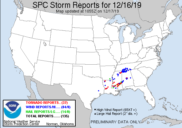 Tornado, le segnalazioni della giornata del 16 dicembre 2019. Fonte NOAA