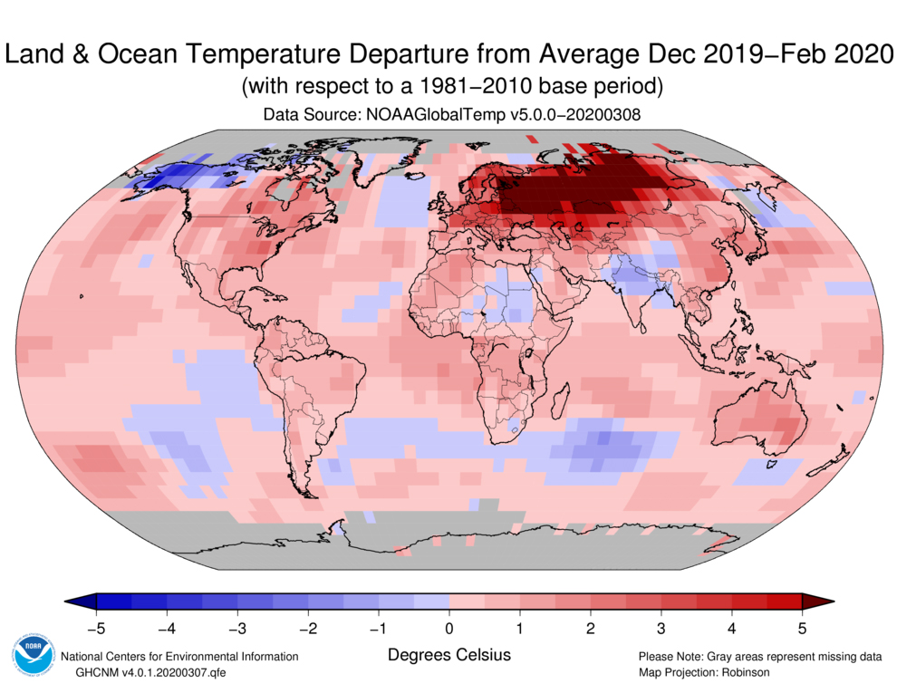 Anomalie dicembre-febbraio 2019-2020. Fonte NOAA