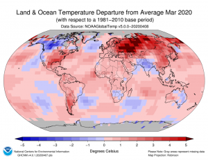 Anomalia delle temperature globali di marzo 2020. Fonte NOAA