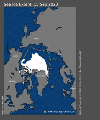 L'estensione del ghiaccio marino artico registrata il 15 settembre 2020.