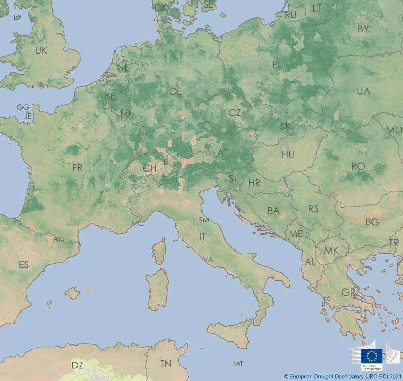 Siccità Italia - Incide di umidità del suolo (soil moisture index) dell'ultima decade di agosto 2021. Fonte European Drought Observatory