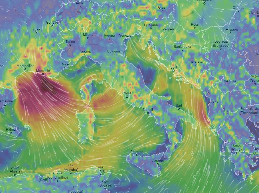 Le raffiche di vento previste oggi. Mappa Ventusky