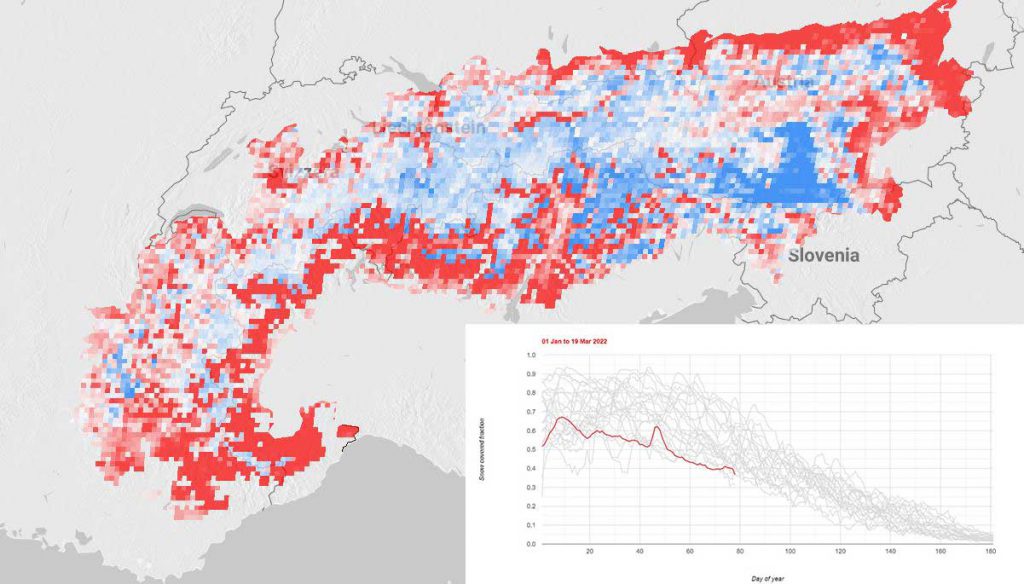 Anomalia della durata della neve al suolo. Alps Snow Monitor