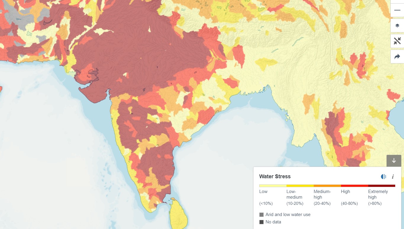 Rischio legato alla disponibilità d'acqua in India. Fonte Aqueduct WATER RISK ATLAS