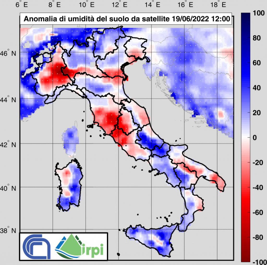 Anomalia dell'umidità del suolo al 19 giugno 2022 rilevata da satellite. Fonte Hydrology IRPI-CNR