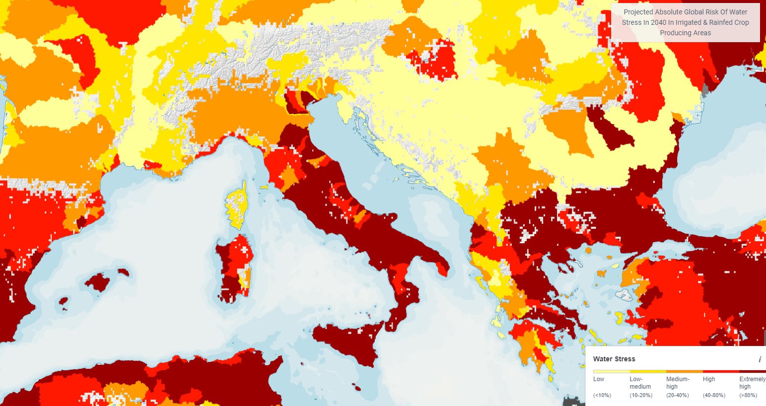 Stress idrico in Italia nel 2040. Mappa Aqueduct World Resource Institute