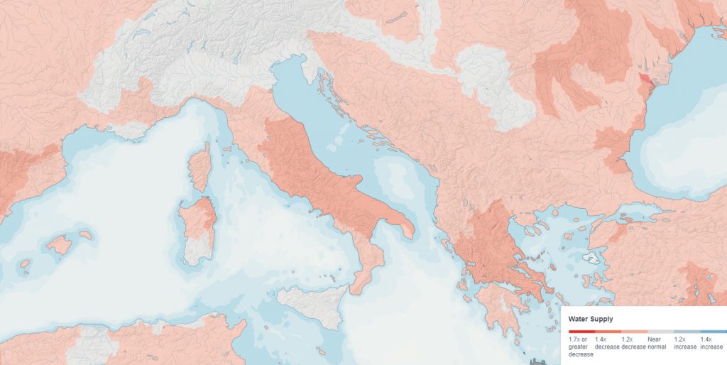 Le anomalie delle provviste idriche stimate in Italia per il 2040 in uno scenario climatico ottimista. Mappa Aqueduct World Resource Institute