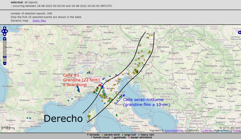 Riassunto degli eventi del 18 agosto in base alle segnalazioni presenti sull'archivio europeo ESWD - a cura di Federico Pavan