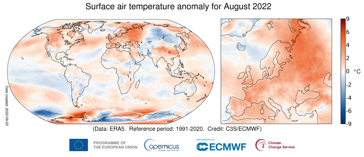 Agosto 2022: le anomalie di temperature a livello globale e in Europa