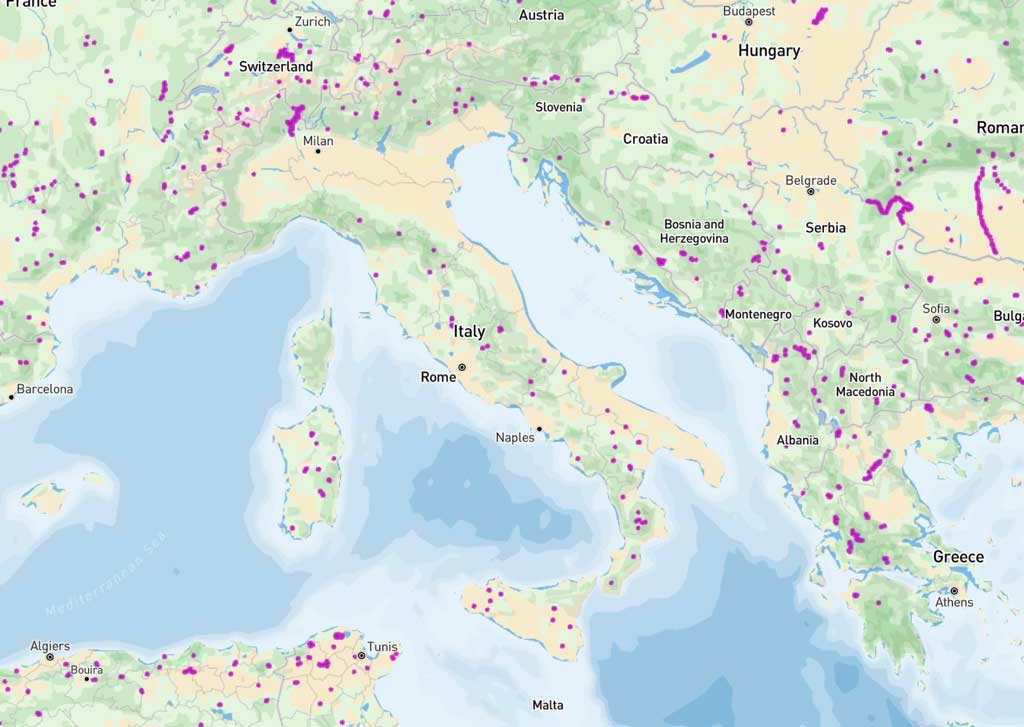 Bacini idrici e dighe in Italia. Fonte Global Dam Watch 