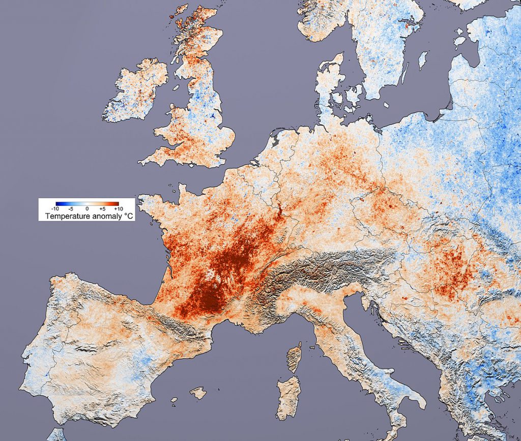 Variazioni della temperatura dell'ondata di caldo del 2003 rispetto alle temperature del luglio 2001 in Europa
