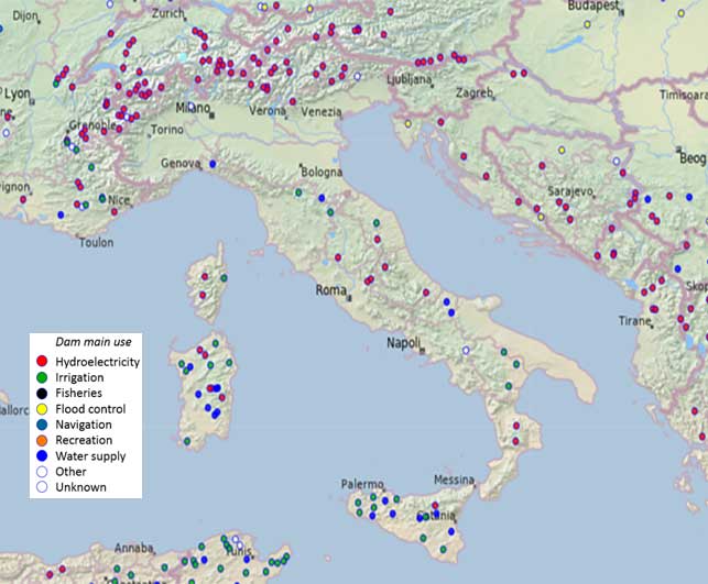 Bacini e dighe. Fonte GRanD Database 