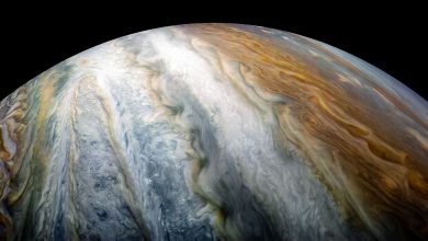 Giove: vortici colorati dominano l'emisfero meridionale di Giove in questa immagine catturata dalla navicella spaziale Juno della NASA