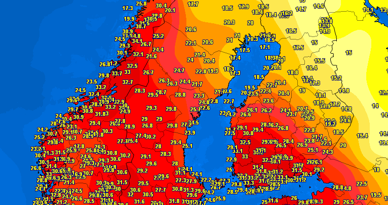 Caldo in Scandinavia: le temperature massime raggiunte domenica 28 luglio