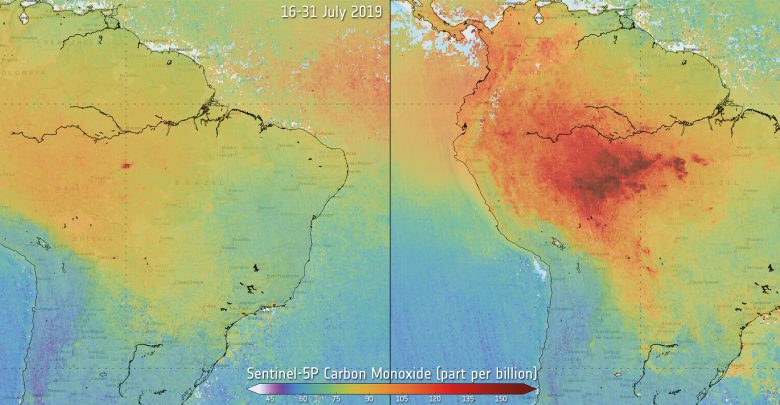 Monossido di carbonio prima e dopo gli incendi in Amazzonia.