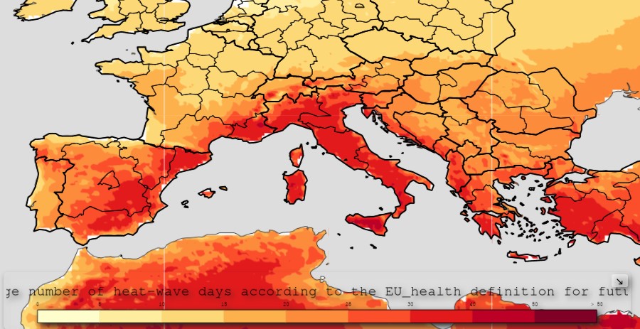 Numero di giornate con ondate di caldo stimato per il 2071-2100 nello scenario climatico RPC4.5