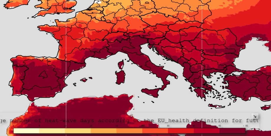 Numero di giornate con ondate di caldo stimato per il 2071-2100 nello scenario climatico RPC8.5