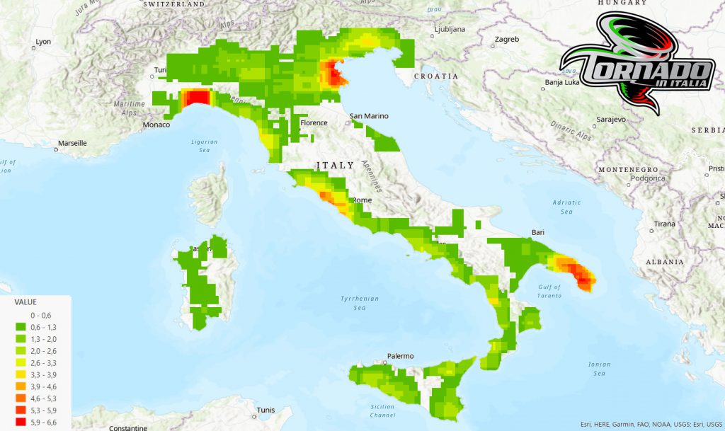 Mappa di densità dei tornado totali in Italia dal 2014 al 2022